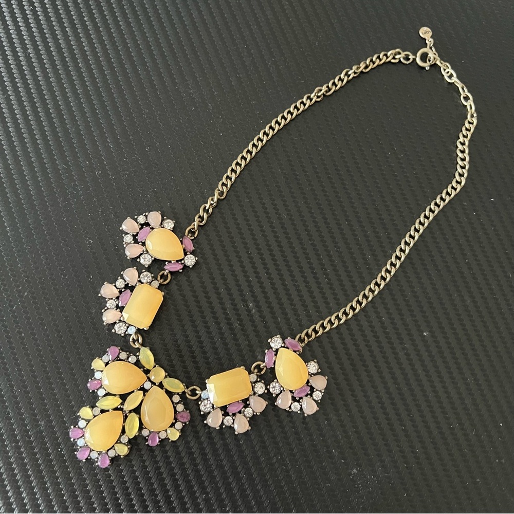 Loft Statement Necklace Flowers Rhinestone Yellow Purple and Gold Tone